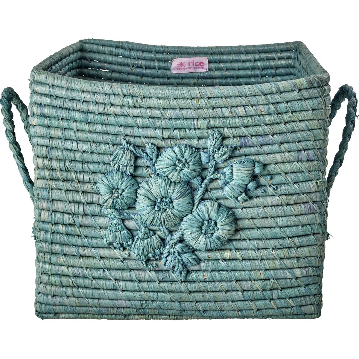 Rice - Raffia Square Basket With Flower Embroidery - Dove Blue