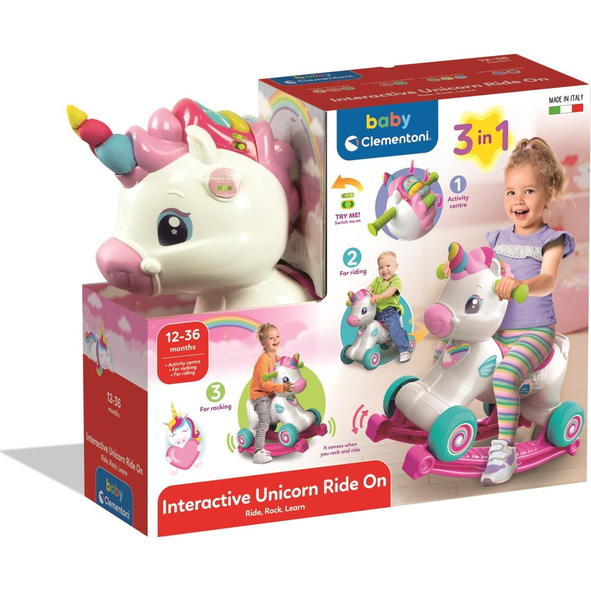 Baby Clementoni - Interactive Unicorn Ride On - 3-i-1 Gåbil