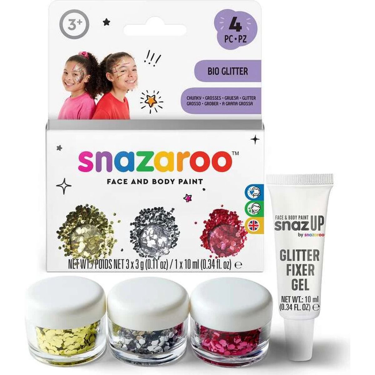 Sminkefarve Bio Glitter 9g Grov Guld/sølv/rød+gel - 1172244 - Snazaroo