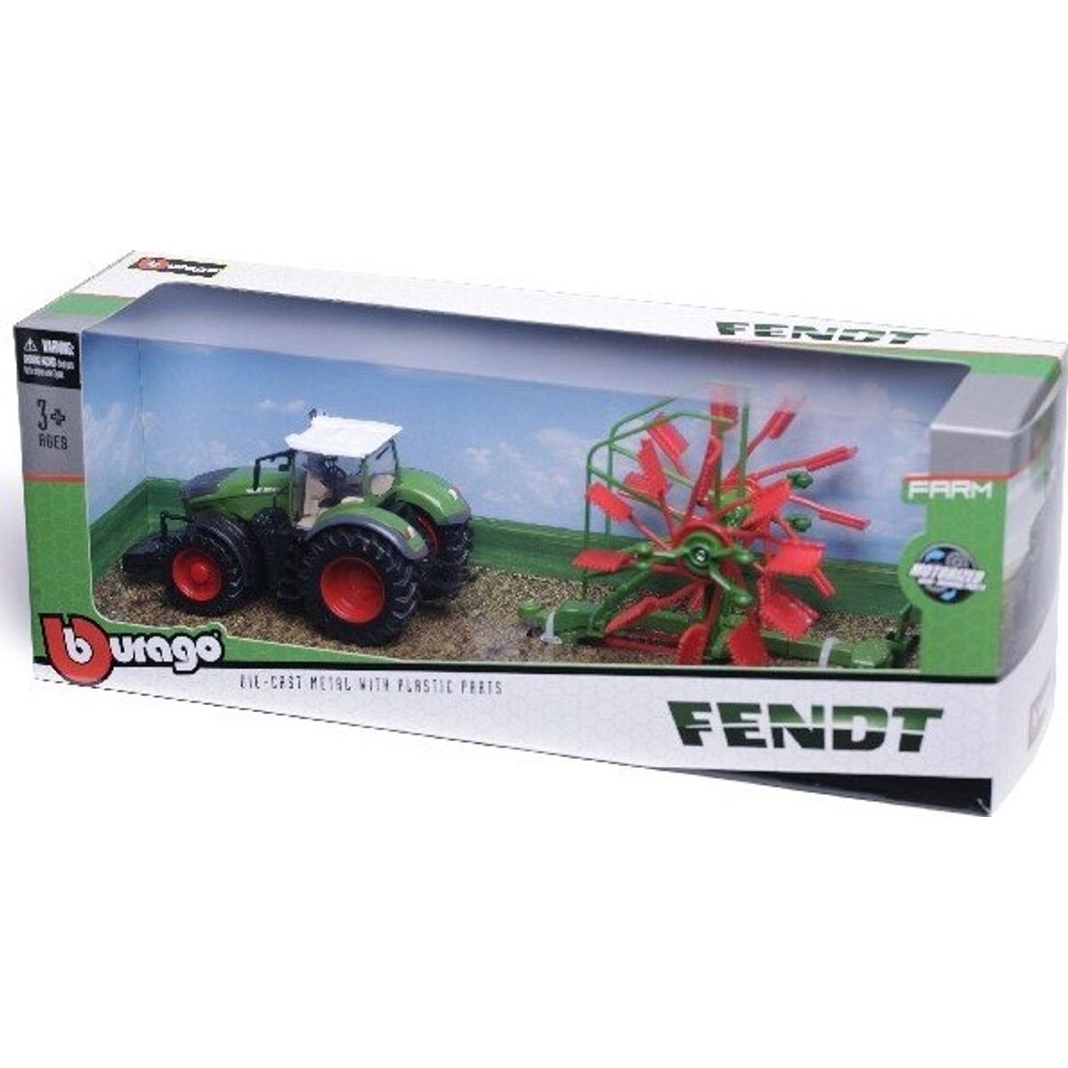 Bburago - Fendt Traktor Med Hvirvelrive - Die-cast Metal - 10 Cm