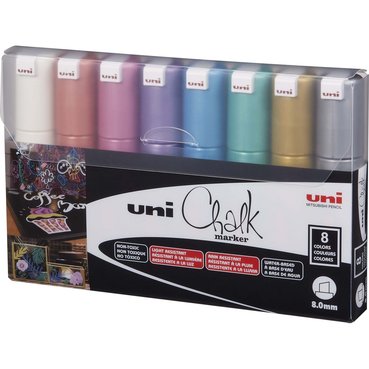 Uni - Chalk Marker Sæt - 8 Mm - Metallic Farver - 8 Stk