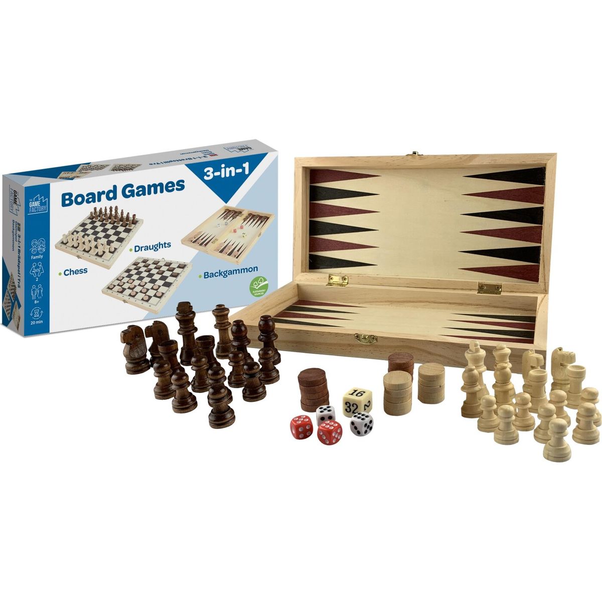 3-i-1 Brætspil I Træ - Skak, Backgammon Og Dam