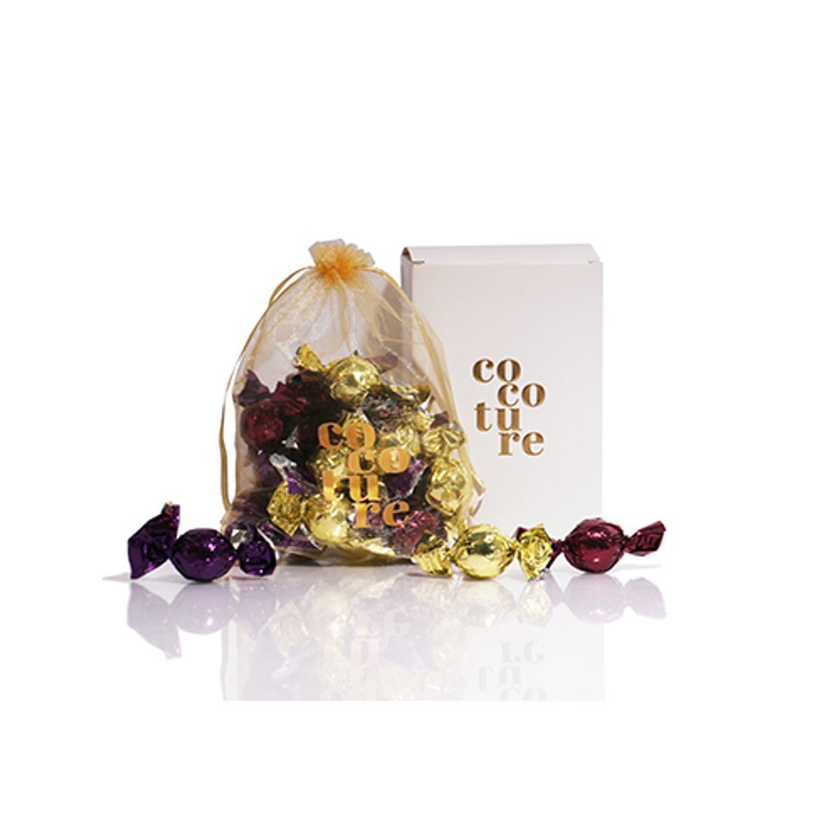 Mix af Cocoture fyldte chokoladekugler i guld, lilla & bordeaux - 320g