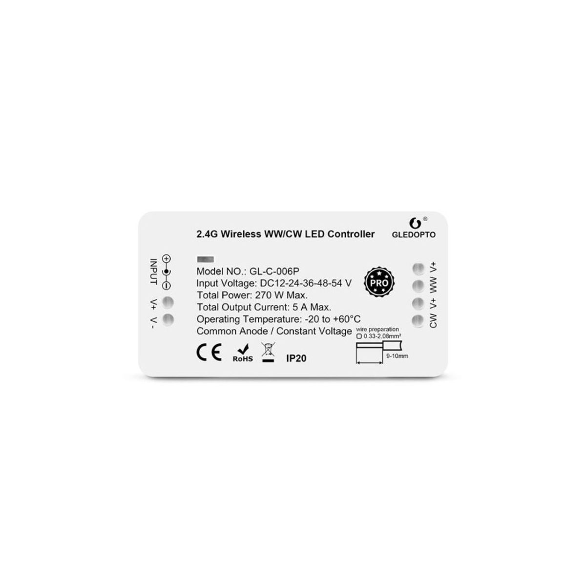 Gledopto Zigbee controller - Philips Hue kompatibel, Zigbee 3.0, enkeltfarvet og CCT, 12V (60W), 24V (120W)