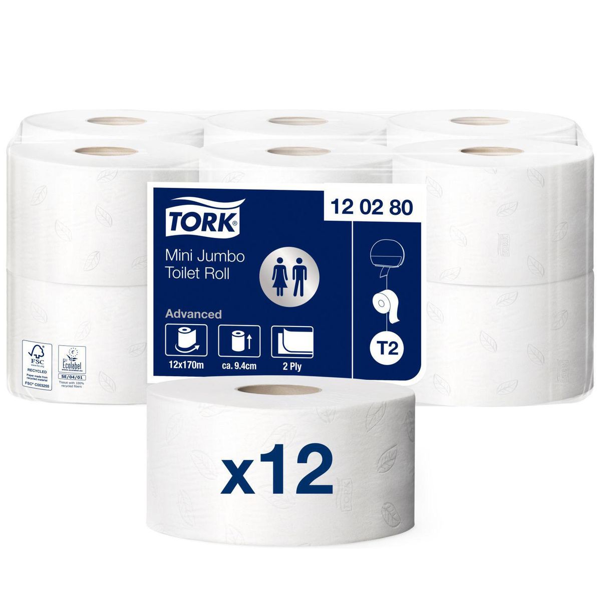 Tork Advanced T2 , mini jumboruller, 2-lag, 170 m, 12 ruller