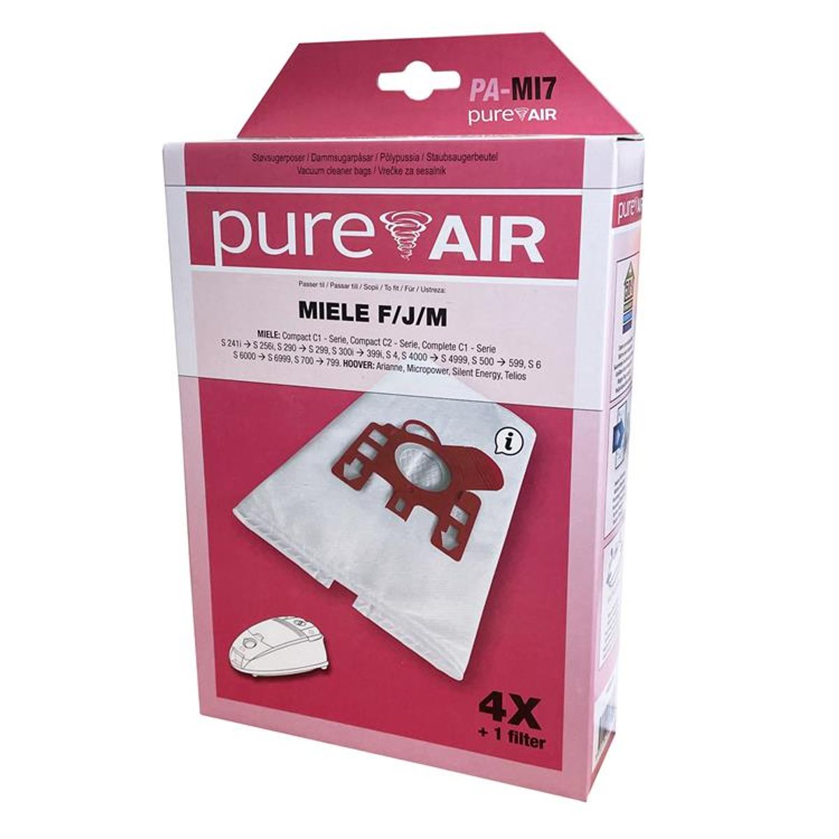 PUREAIR MI7 støvsugerpose til Miele F/J/M mfl., 4 stk. + 1 filter