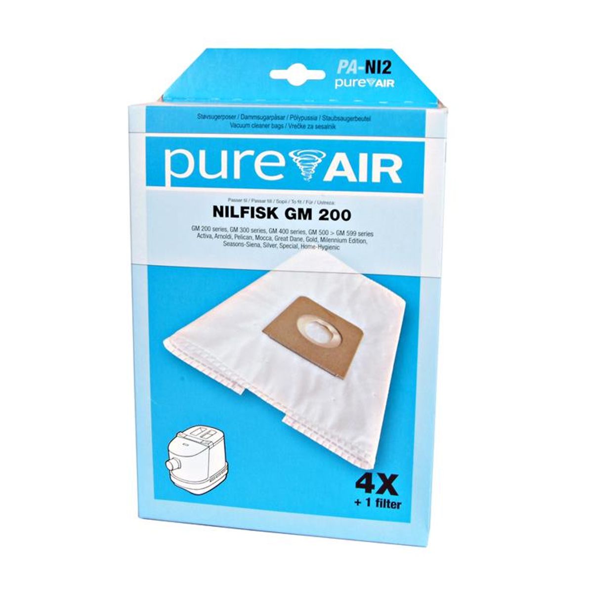 PUREAIR NI2 støvsugerposer til Nilfisk GM200 mfl., 4 stk. + 1 filter