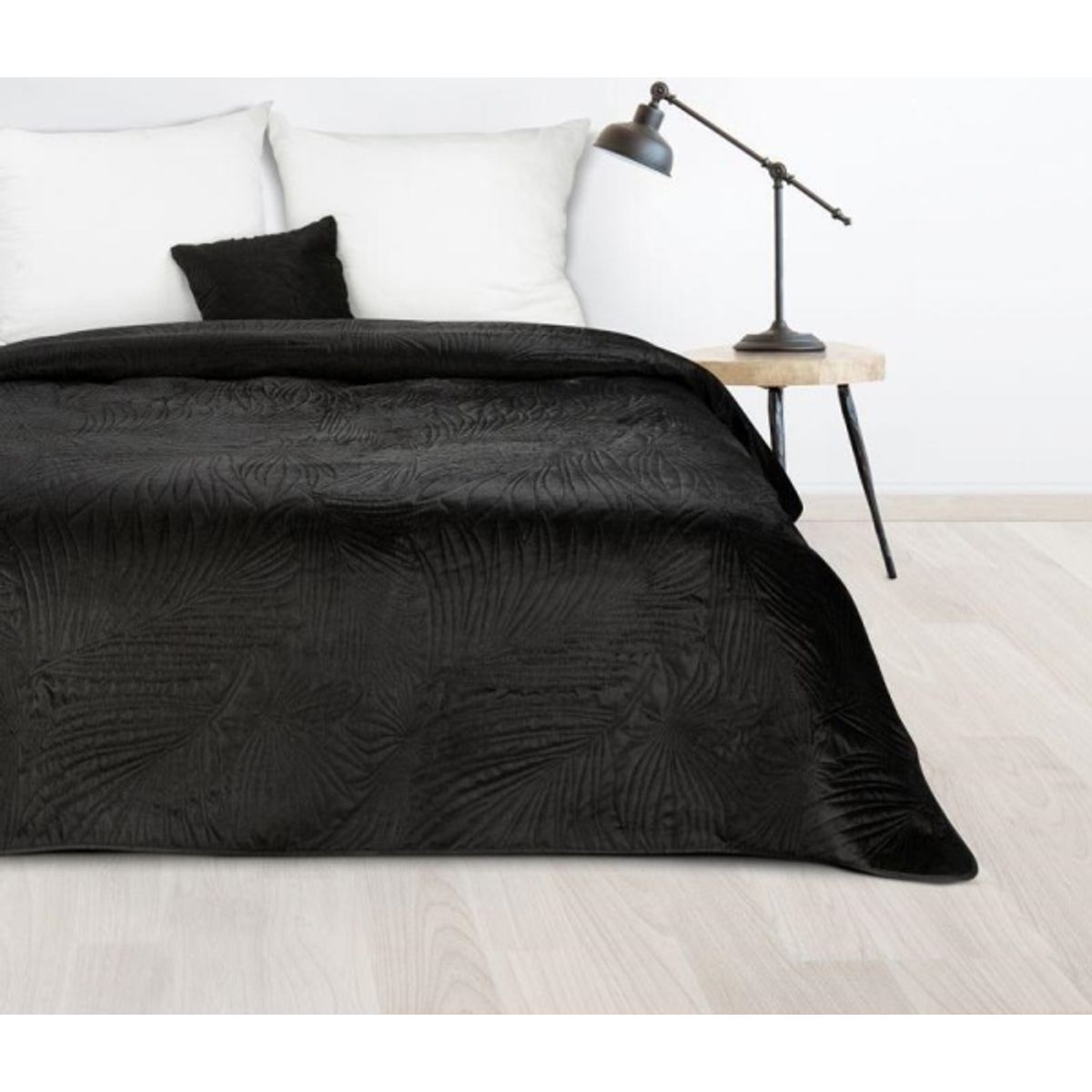 Eurofirany Design 91 Luiz / 4 Fløjlssengetæppe, Varmpresset Quiltet Med Palmebladsmønster, 170X210 Cm, Farve: Sort Sengetæppe