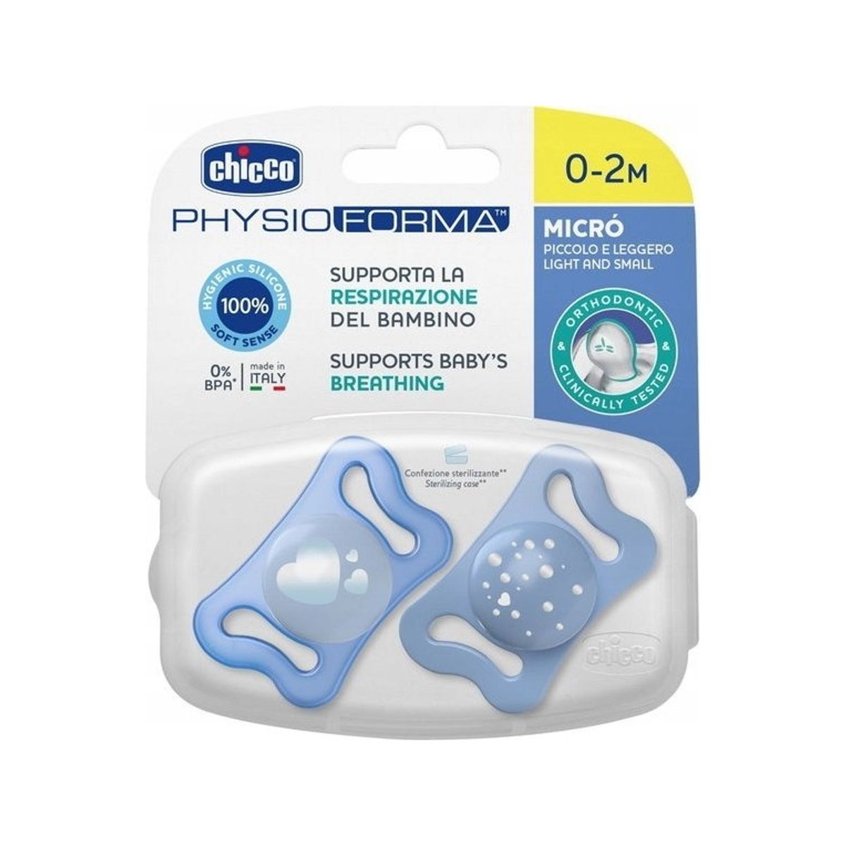 Chicco-7512621-Pacifier Micro Blue S Ilik. 0-2M 2Stk