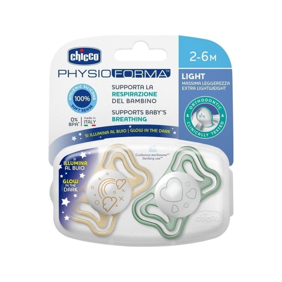 Chicco-710374- Physio Light 2-6M Silicone 2Pc Lumi Pacifier