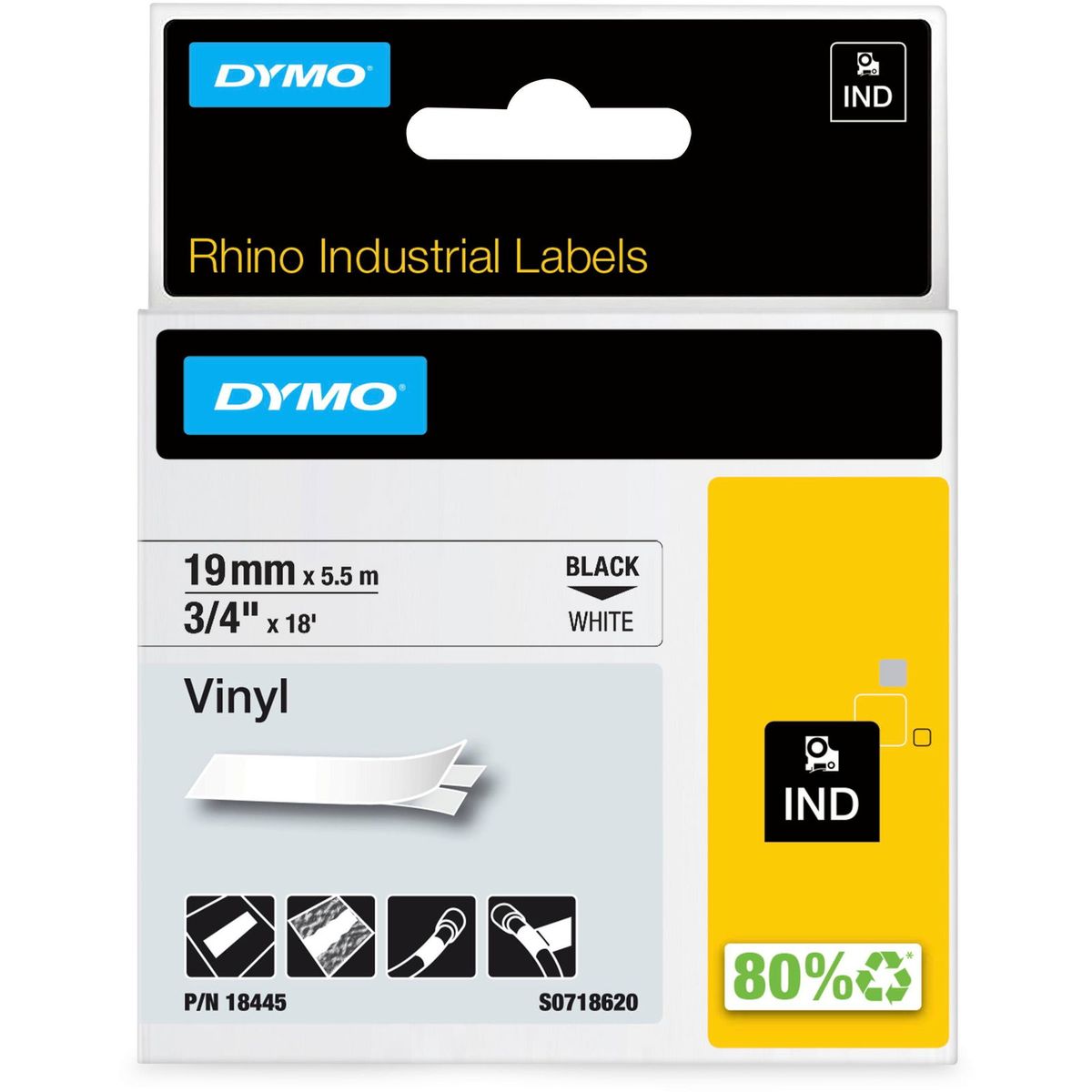 Dymo Rhino colored vinyl tape 18445 sort;hvid 19 mm x 5.5 m