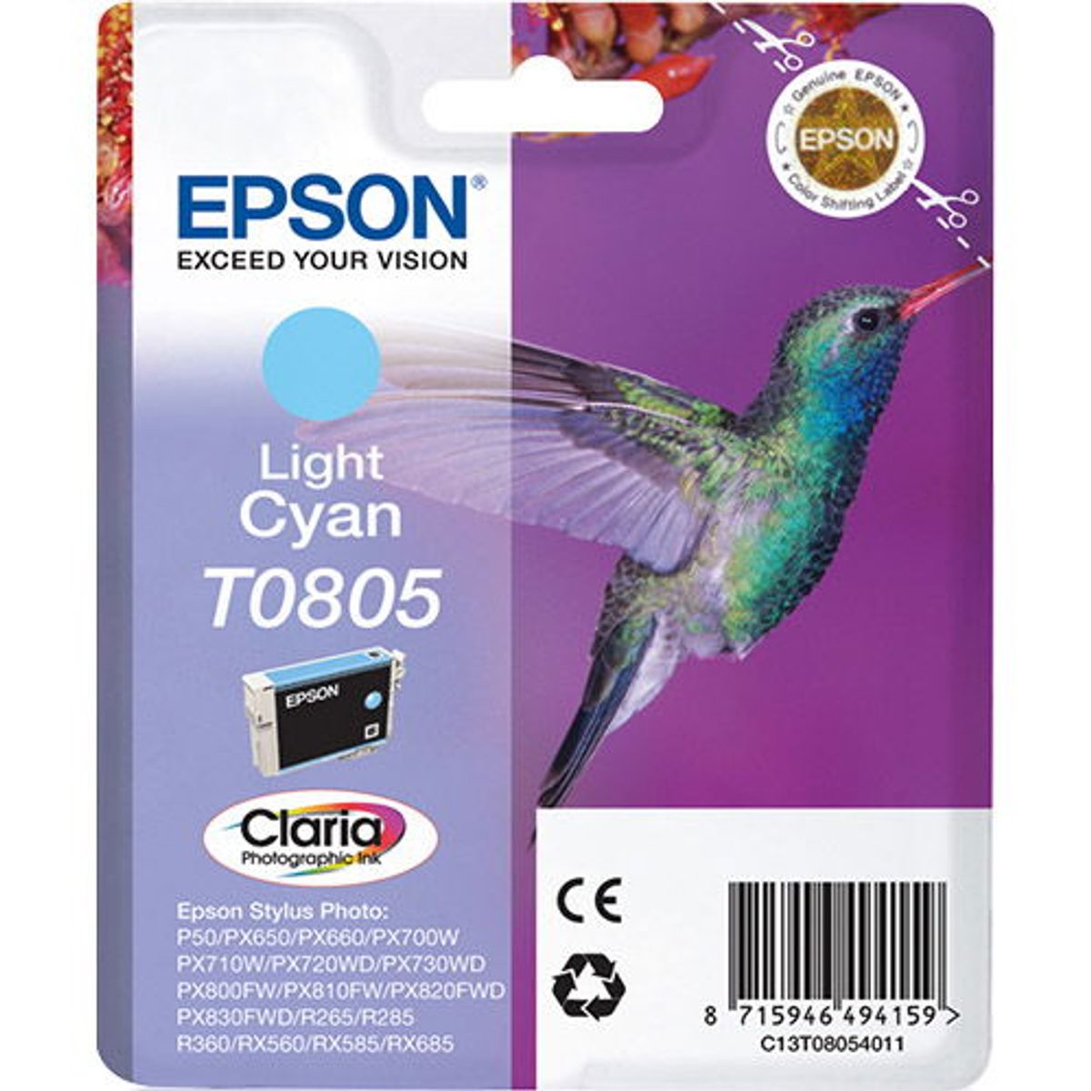 Epson T0805 C13T08054011 Lys Cyan Blækpatron, 350 sider