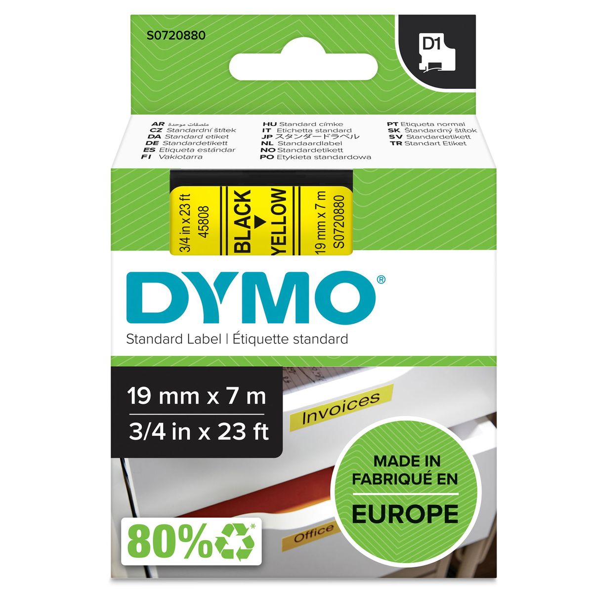 Dymo D1 45808 tape 19mm sort/gul