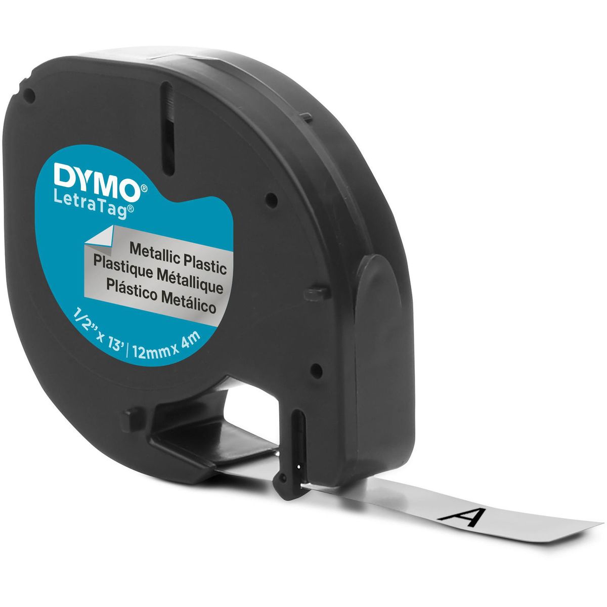 Dymo Letratag plasttape 12mm sort/sølv