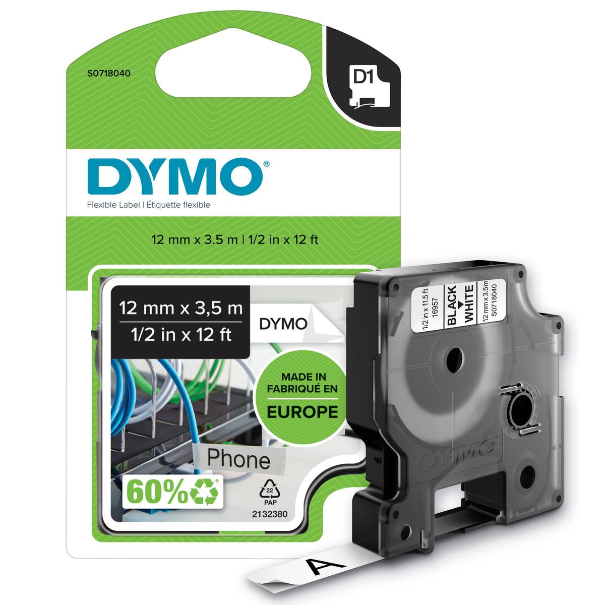 Dymo D1 nylontape 12mmx3,5m sort/hvid