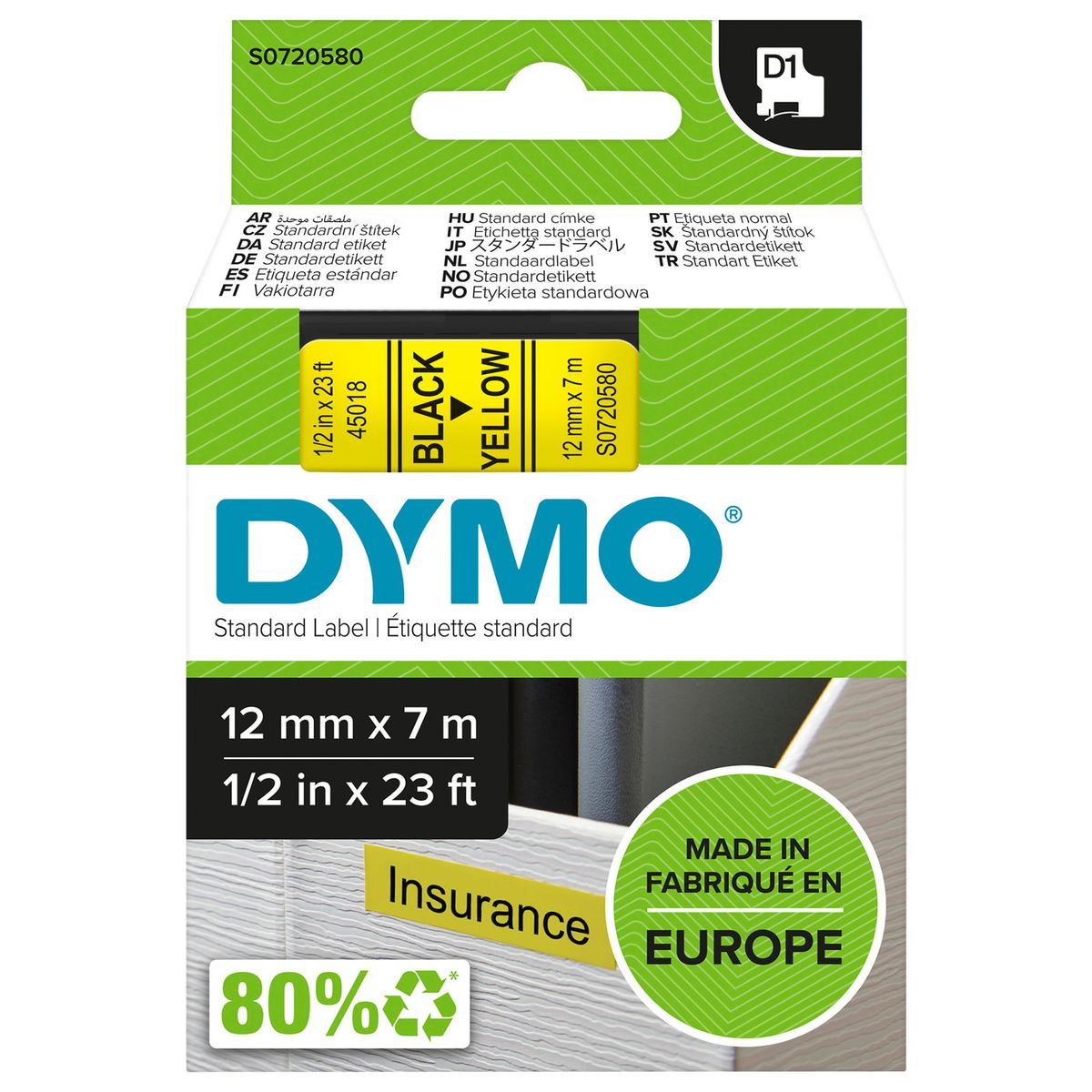 Dymo D1 standard tapekasette 12 mm sort;gul Polyester