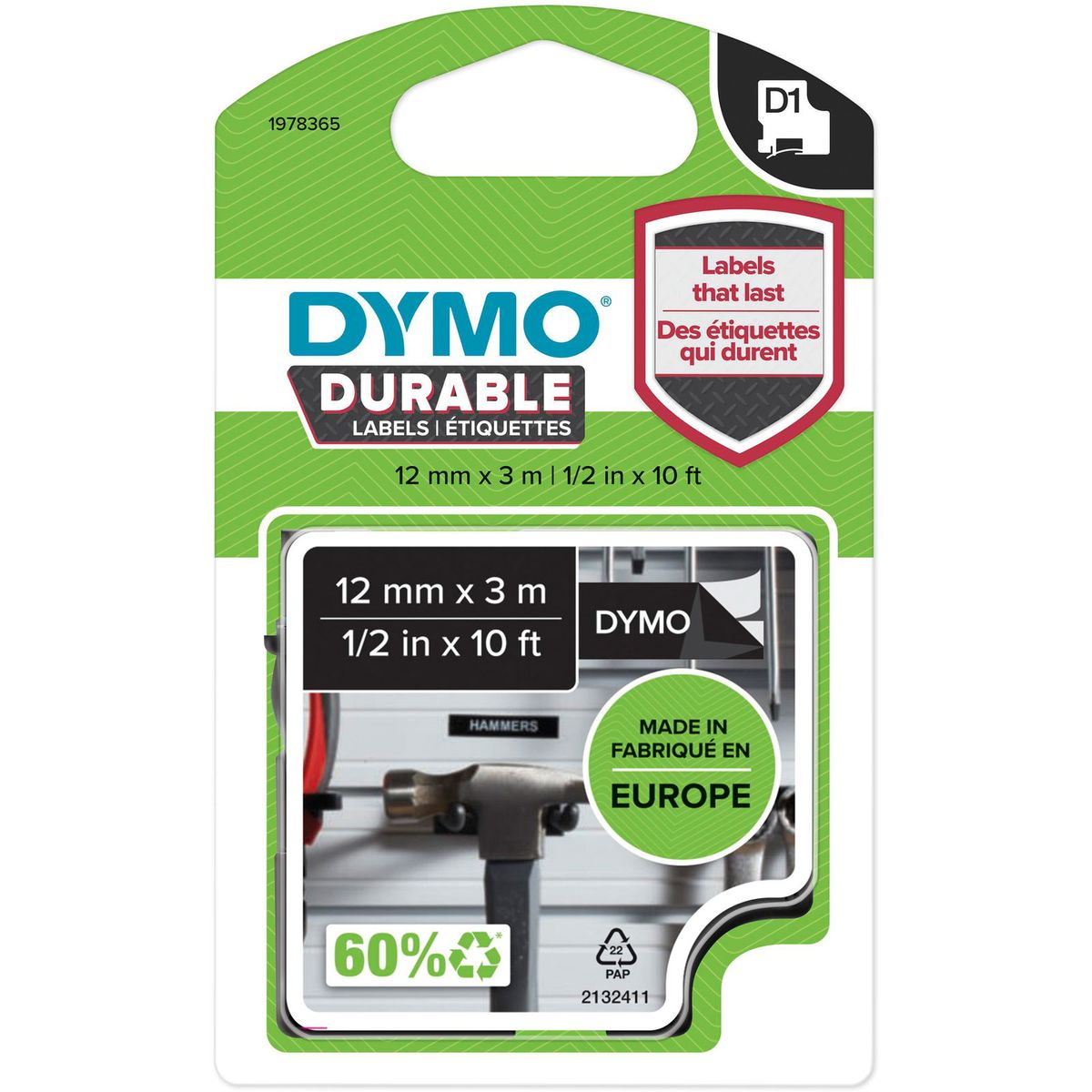 Dymo D1 Durable tape 12mm hvid/sort