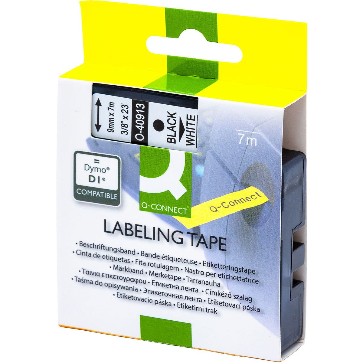 Q-connect D1 tapekassette 9 mm sort;hvid 7 mtr