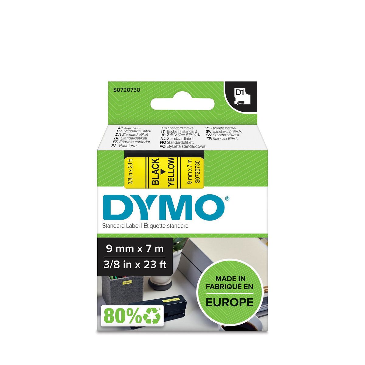 Dymo D1 standard tapekasette 9 mm sort;gul Polyester