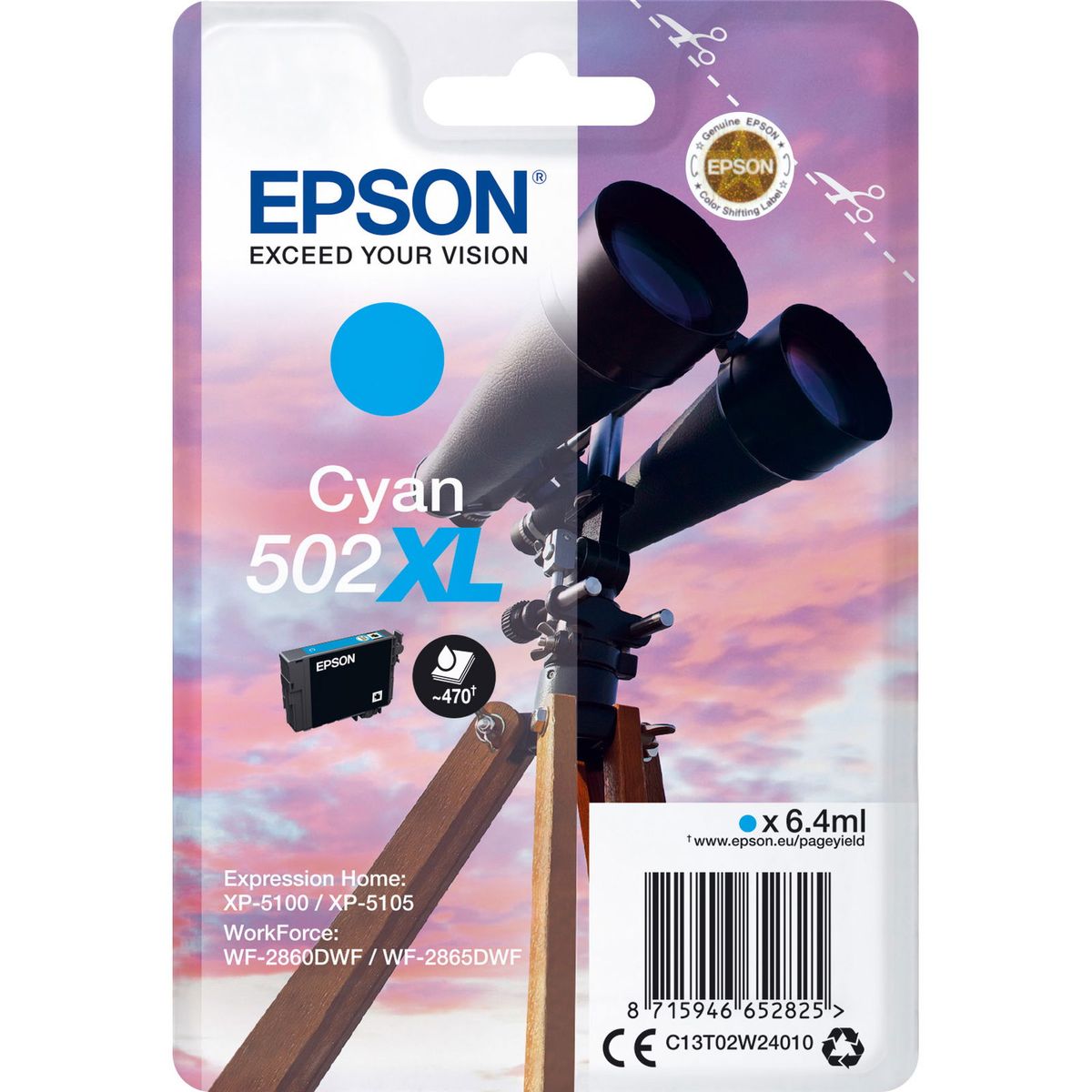 Epson 502XL C13T02W24010 Cyan Blækpatron, 470 sider