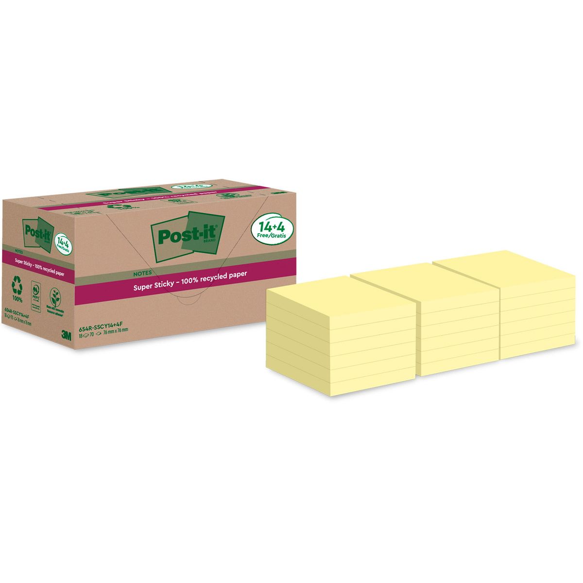 Post-it Super Sticky Recycled notesblok 76x76mm gul 18stk