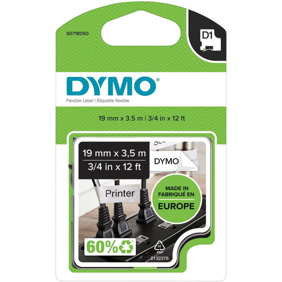 Dymo D1 polyester tape 19mm sort/hvid