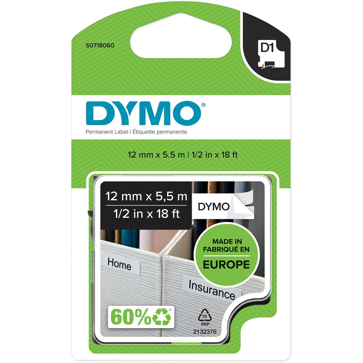 Dymo Rhino polyestertape 12mmx5,5m sort/hvid