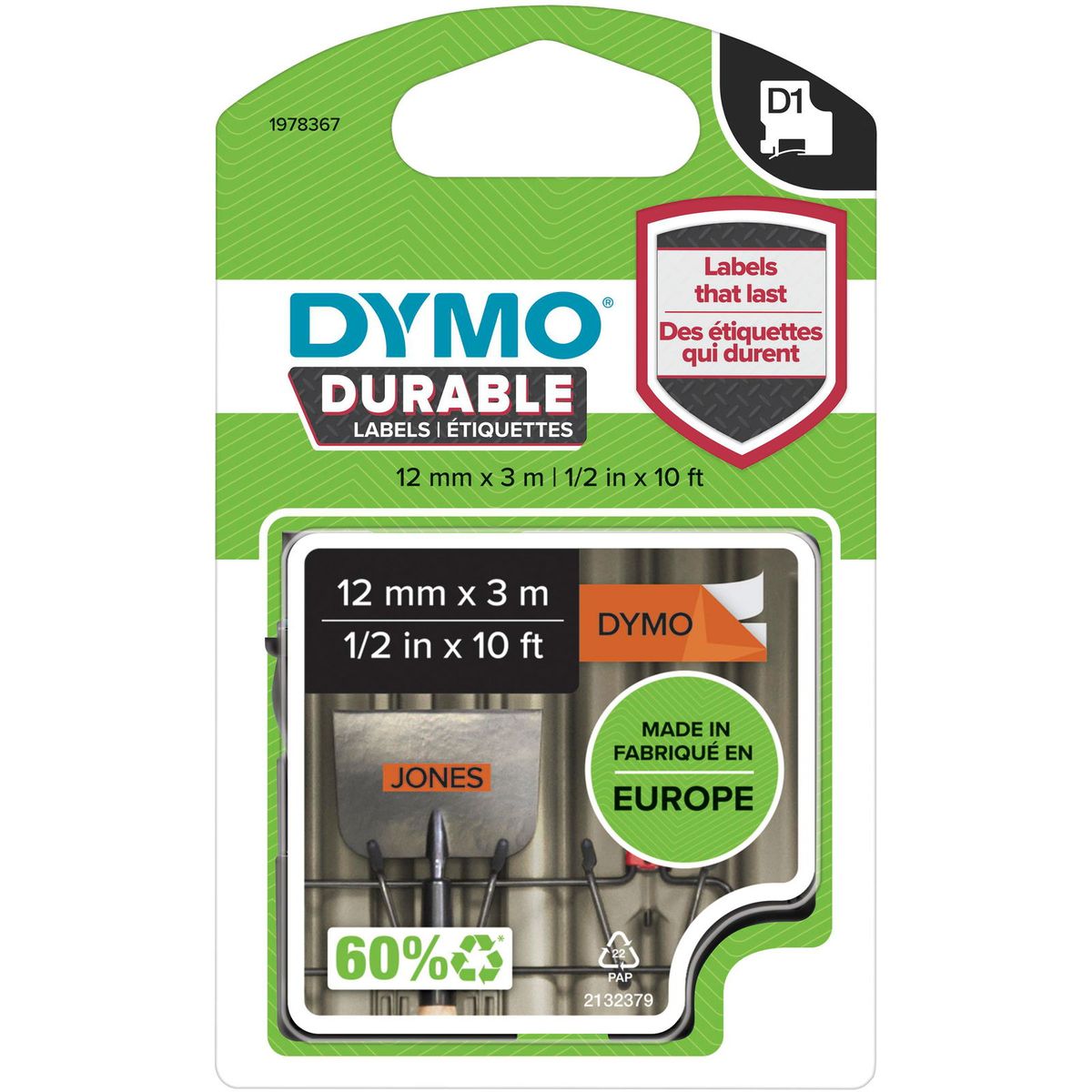 Dymo D1 Durable tape 12mmx3m orange/sort