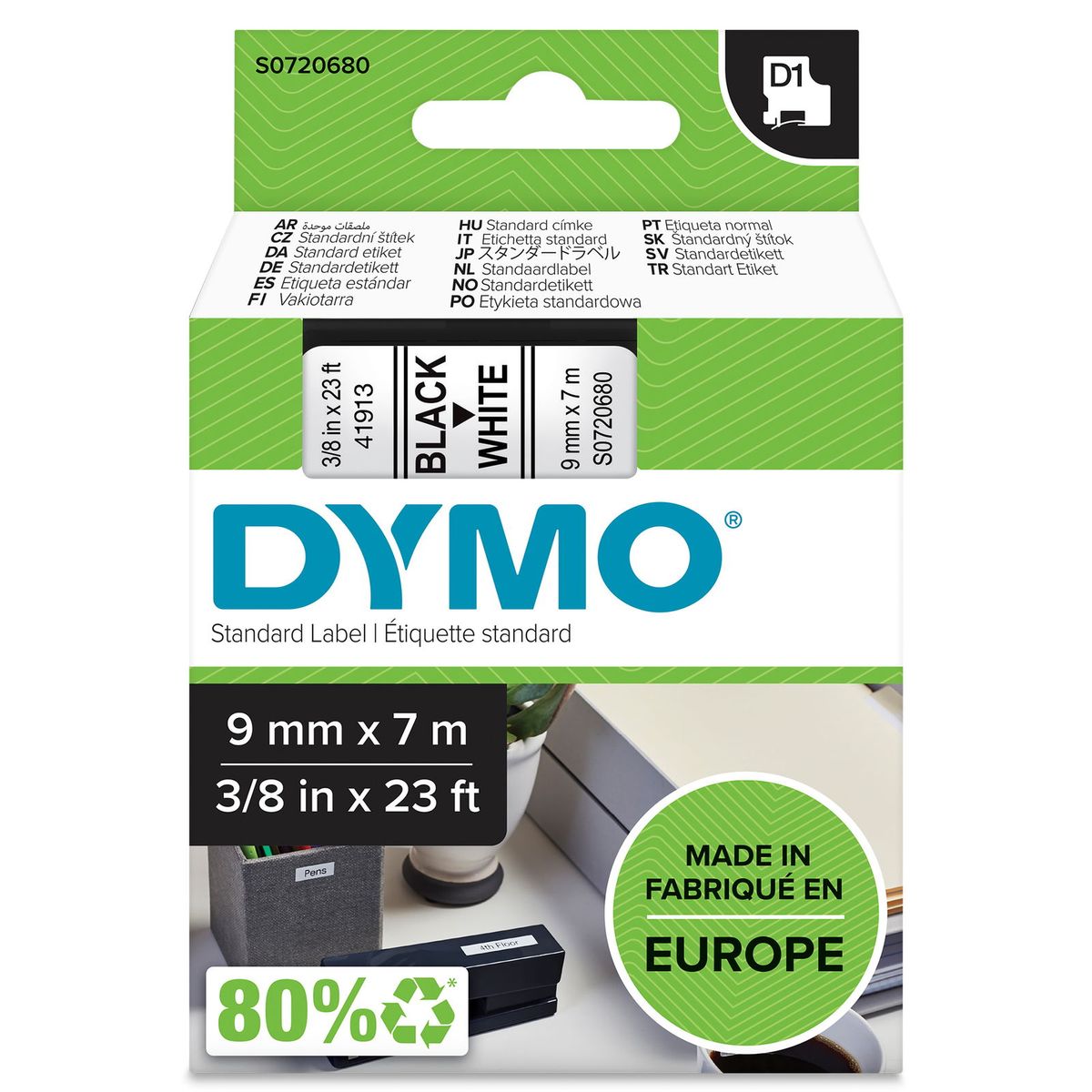 Dymo D1 standard tapekasette 9 mm sort;hvid Polyester