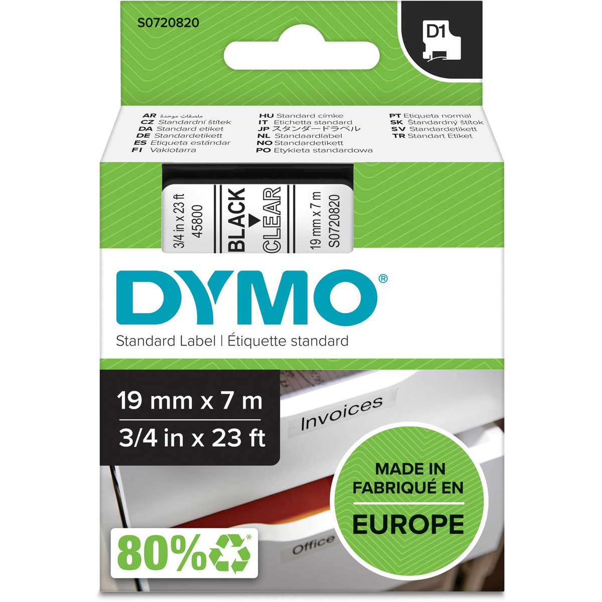 Dymo D1 standard tapekasette 19 mm sort;klar Polyester