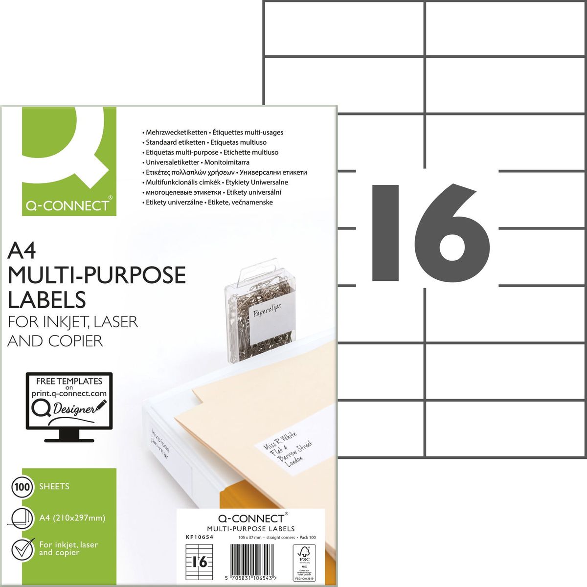 Q-connect multietiketter A4 1.600 etk, 105 mm x 37 mm