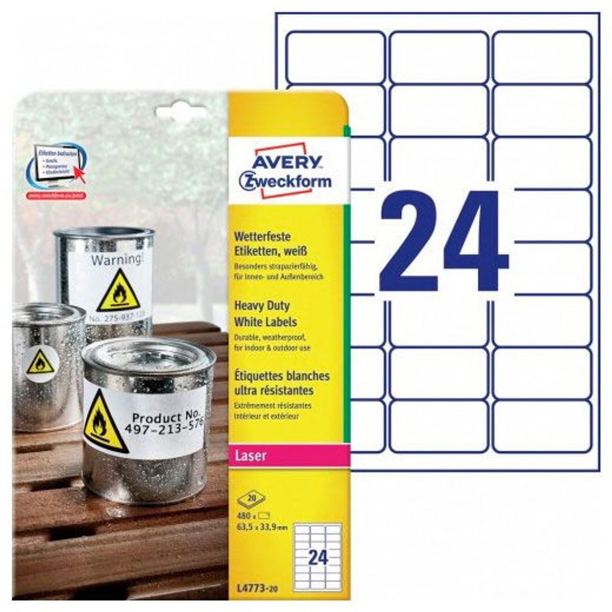 Avery hvide polyesteretiketter 63,5x33,9 mm 480 stk