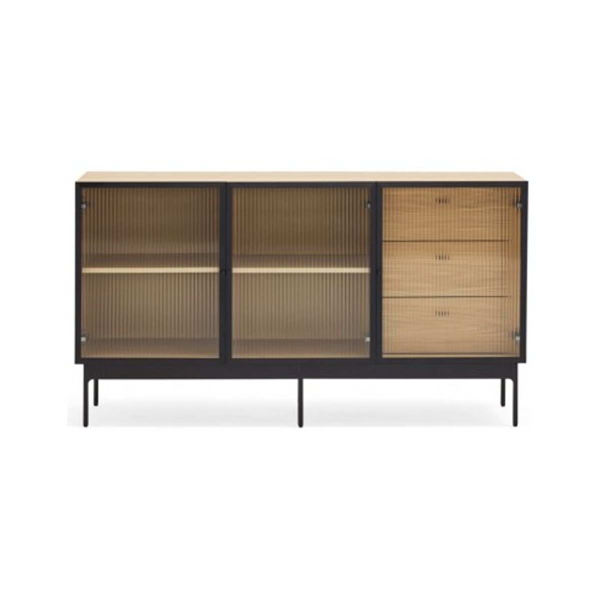 Blur sideboard i metal og mdf finér B140 cm - Sort/Eg/Klar rillet