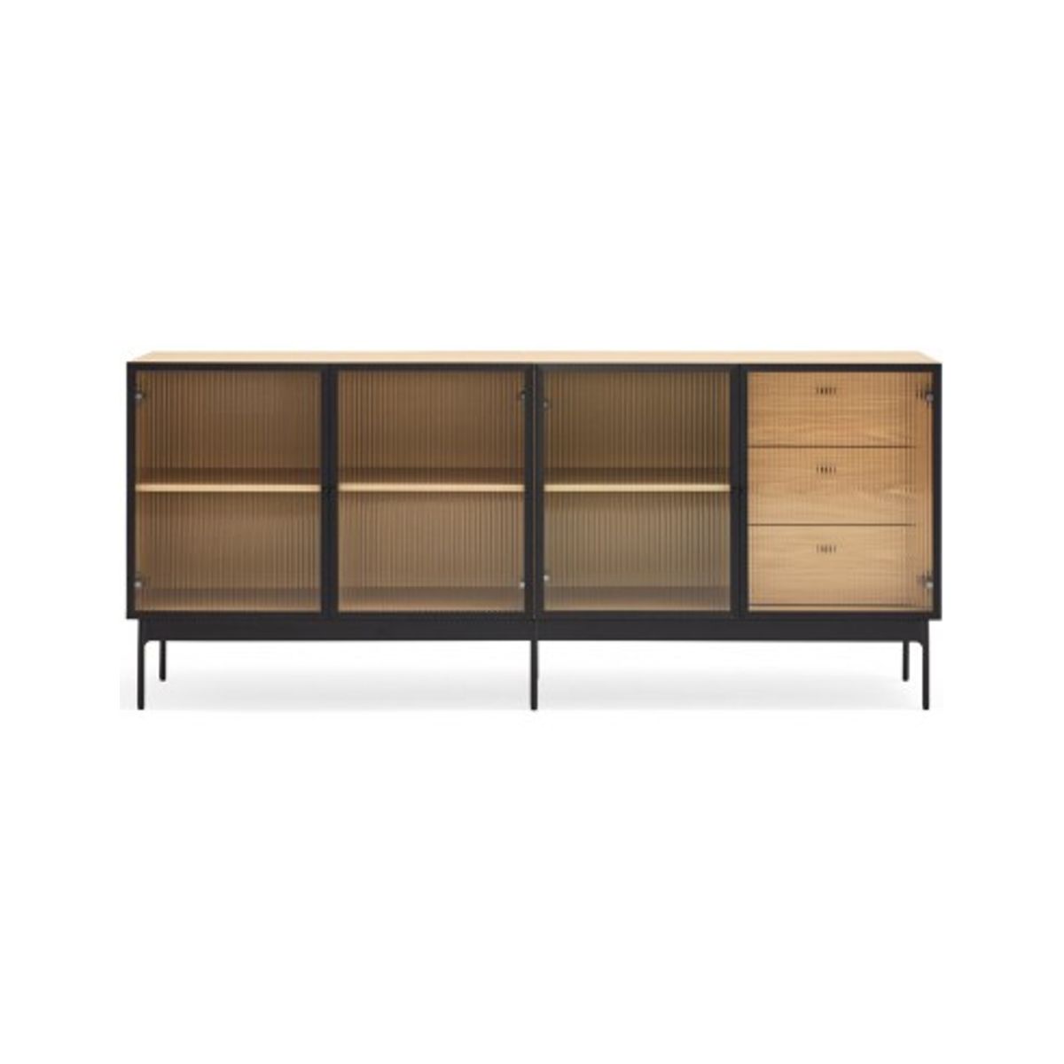 Blur sideboard i metal og mdf finér B180 cm - Sort/Eg/Klar rillet