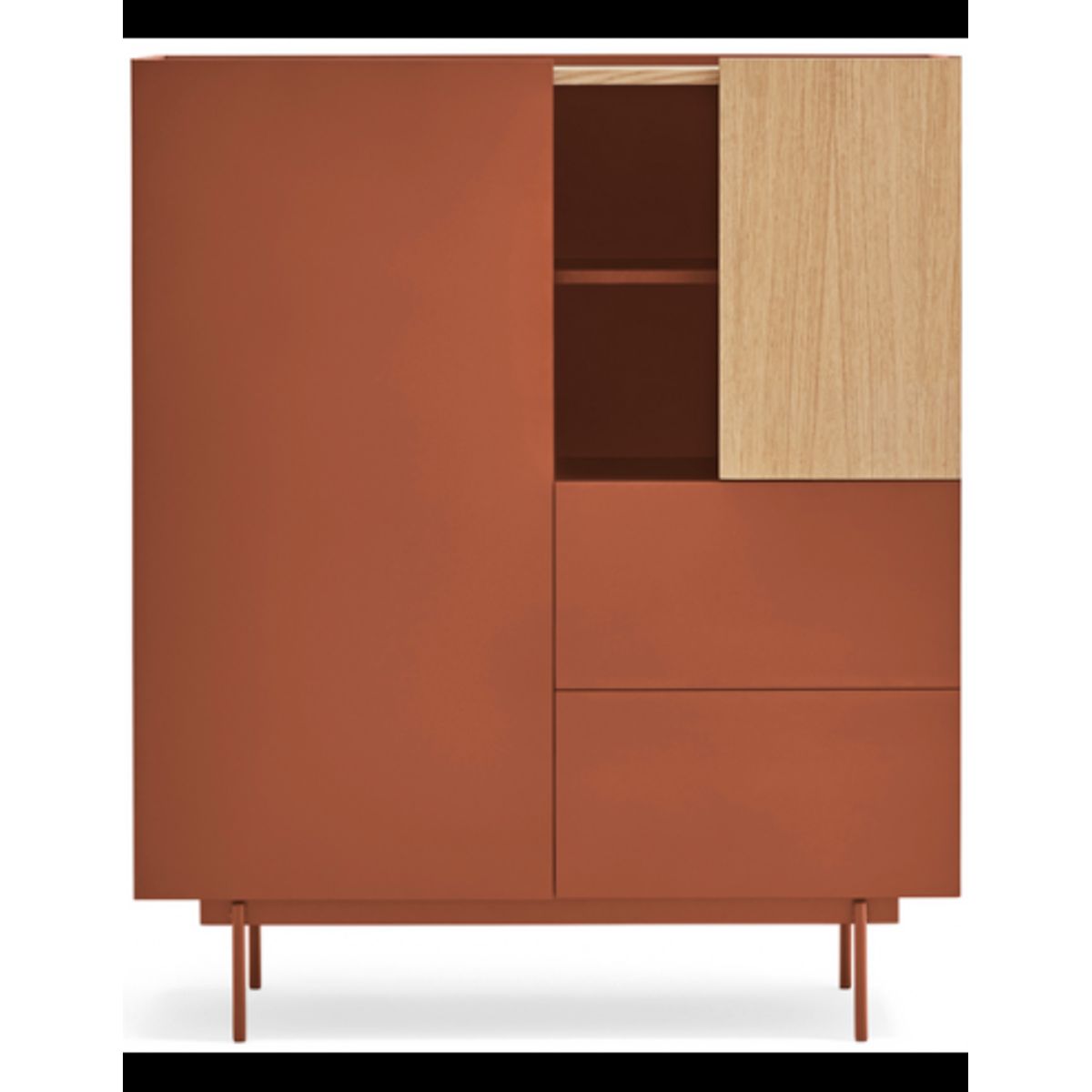 Otto highboard i metal og melamin H120 cm - Rødorange/Eg