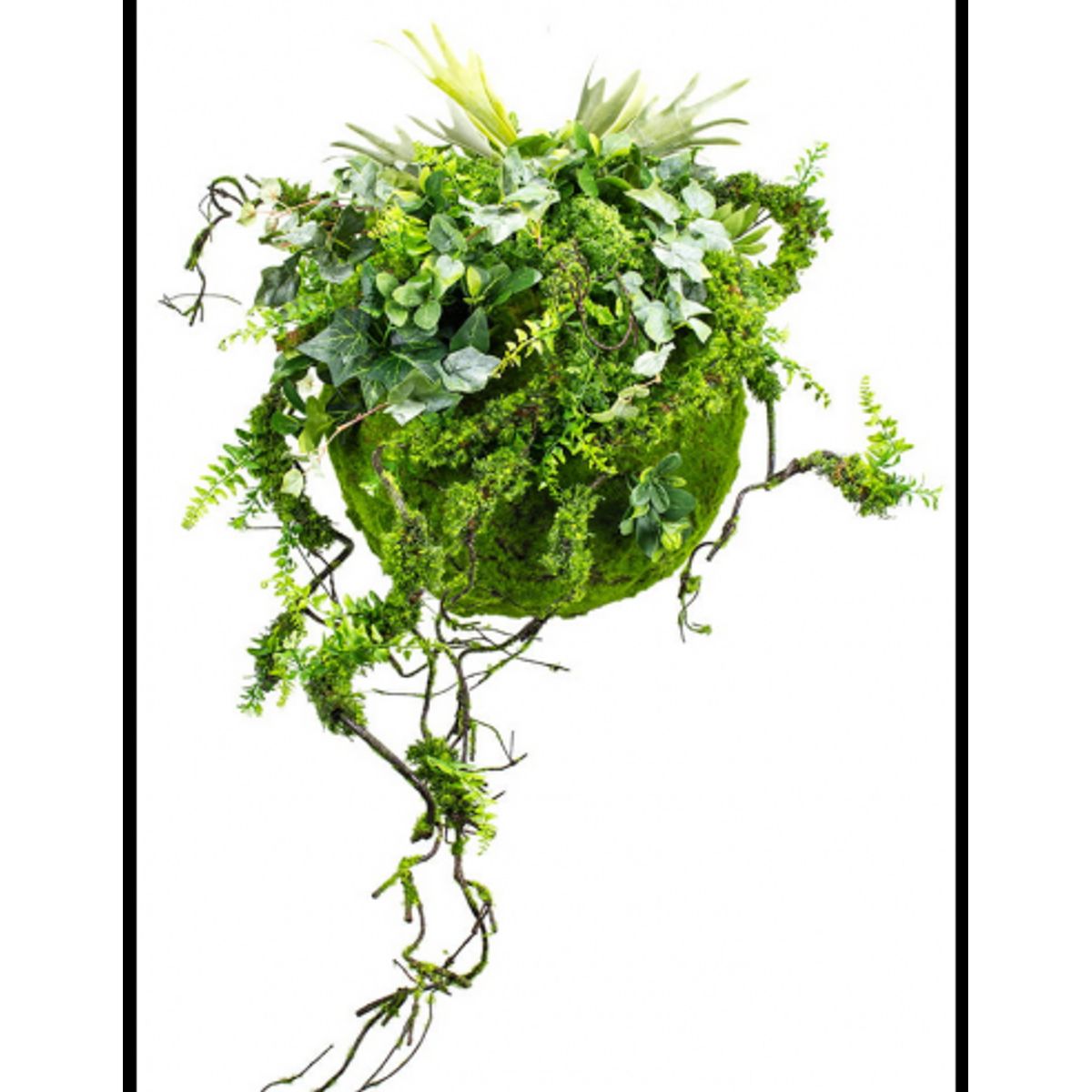 Kokedama have i kunstige planter og mos Ø45+ cm - Grøn