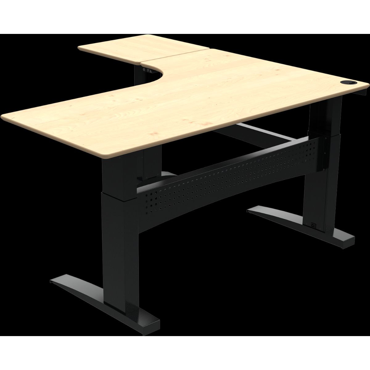 FlexDesk, Tre-bens hæve-/sænkebord, L-form, venstrevendt, natur/sort, H122x180x180 cm, ahorn