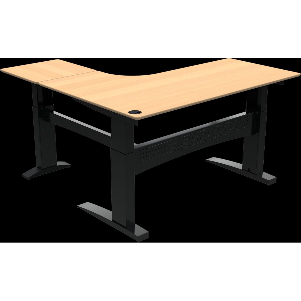 FlexDesk, Tre-bens hæve-/sænkebord, L-form, højrevendt, natur/sort, H122x180x180 cm, bøg