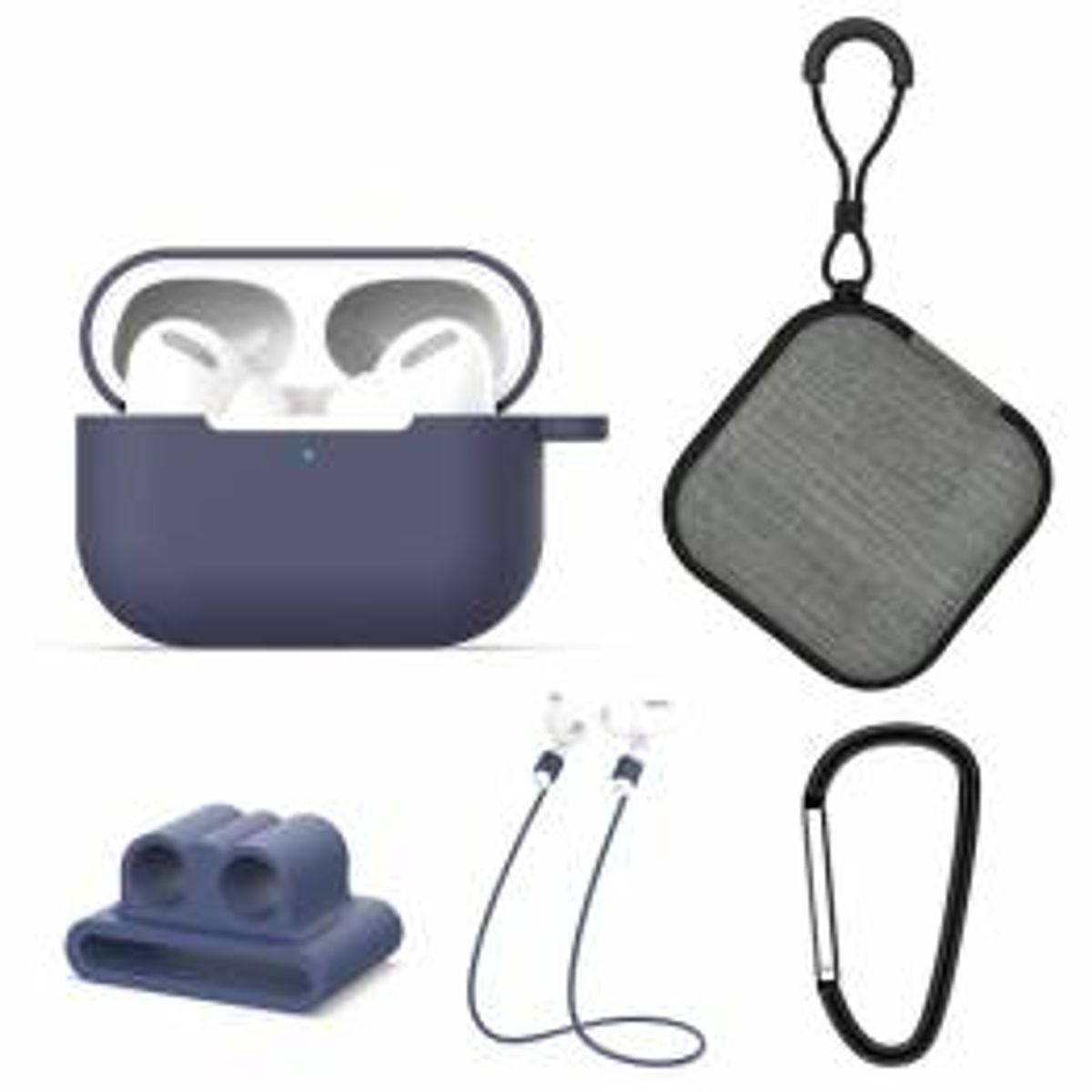 AirPods Pro 5-i-1 pakke m cover, strop, karabin, holder og etui - Blå