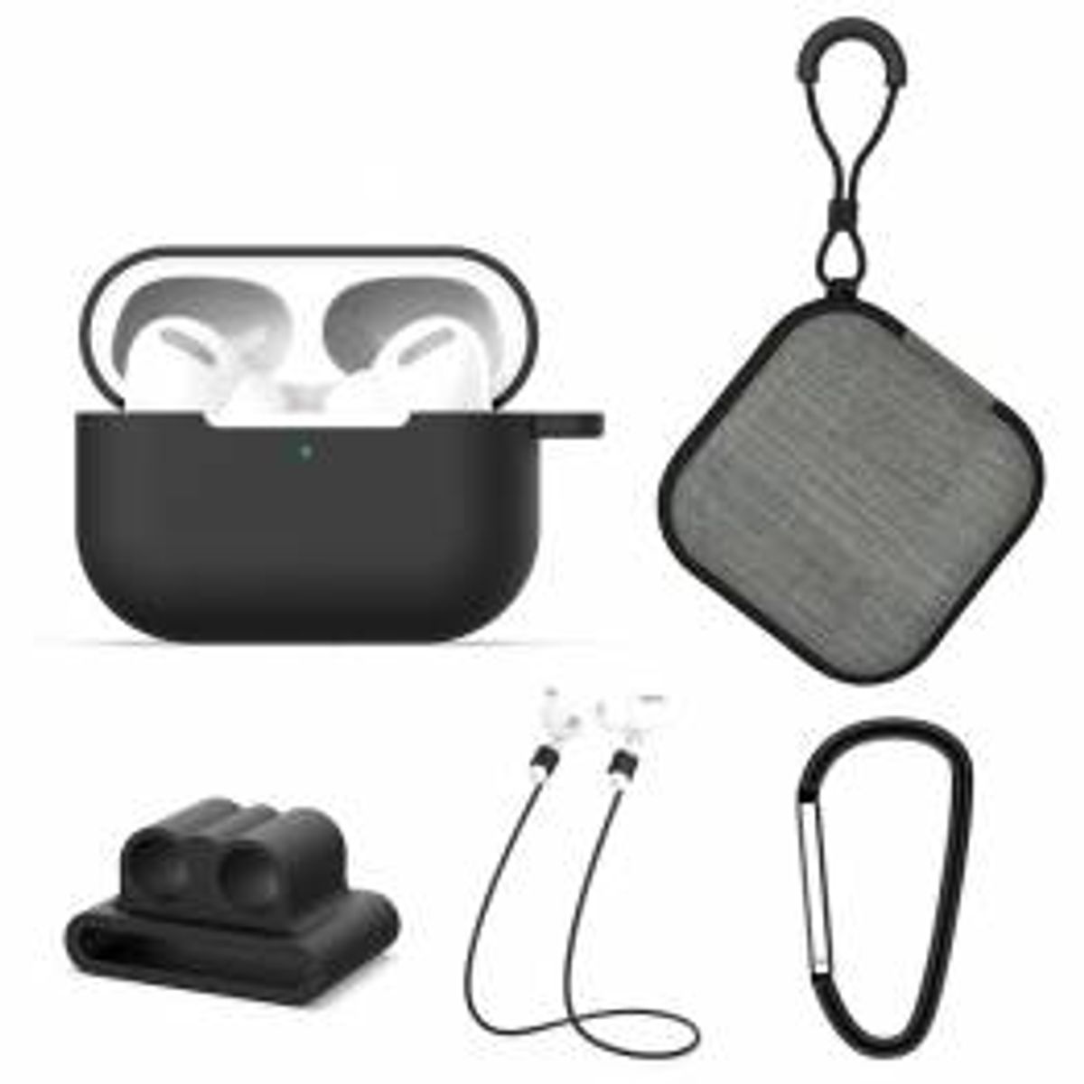 AirPods Pro 5-i-1 pakke m cover, strop, karabin, holder og etui - Sort