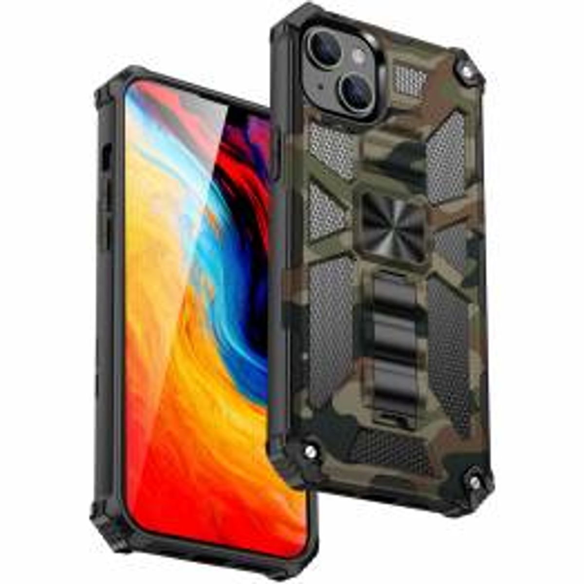 Ekstra beskyttende iPhone 14 cover med kickstand - Grøn camo