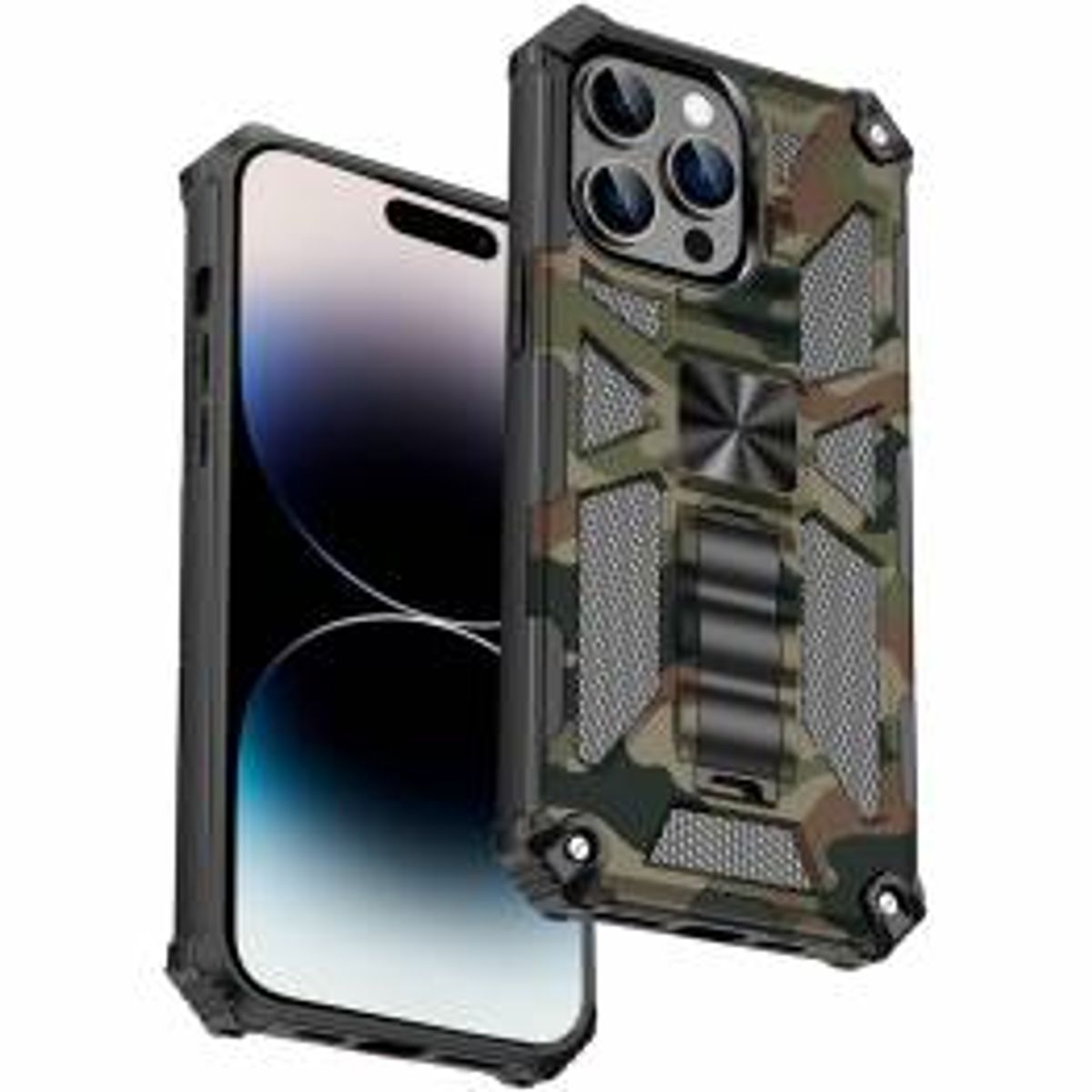 Ekstra beskyttende iPhone 14 Pro cover med kickstand - Grøn camo