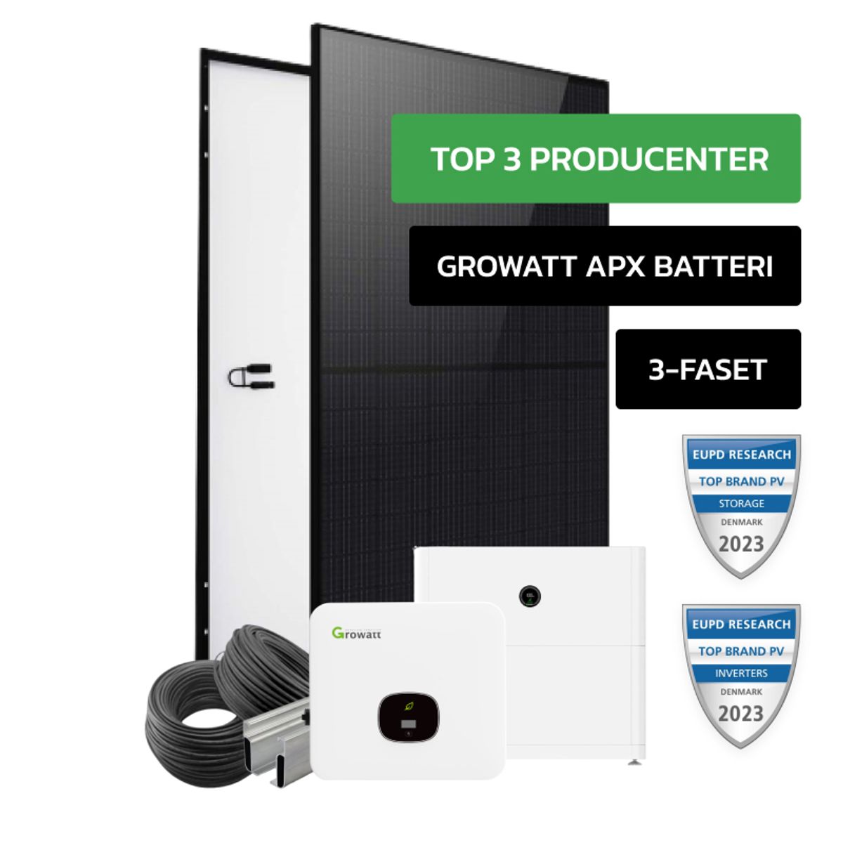 Komplet 17 kWp Growatt Hybrid solcelleanlæg med 5 kWh batteri til alle tagtyper