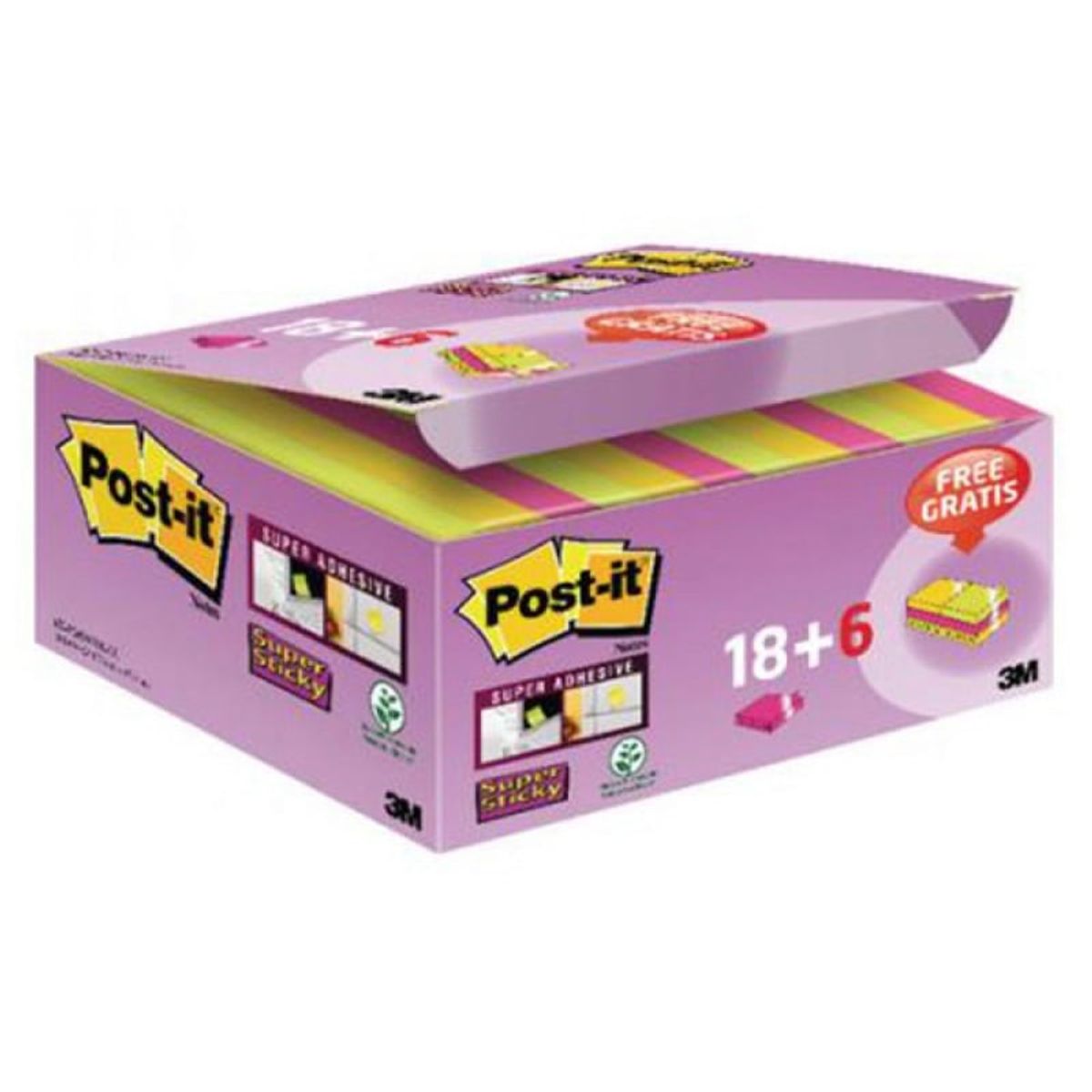 Selvklæbende noter POST-IT® Super Sticky (622-P24SSCOL), 47,6x47,6mm, 18+6x90 ark, farvemix, GRATIS