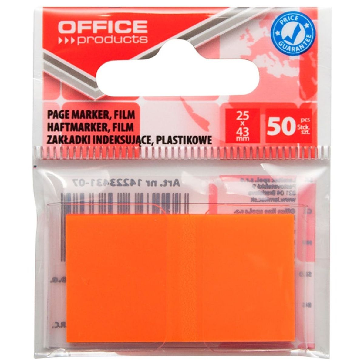 Indeksfaner til arkivering OFFICE PRODUCTS, PP, 25x43 mm, 50 faner, polybag, orange.