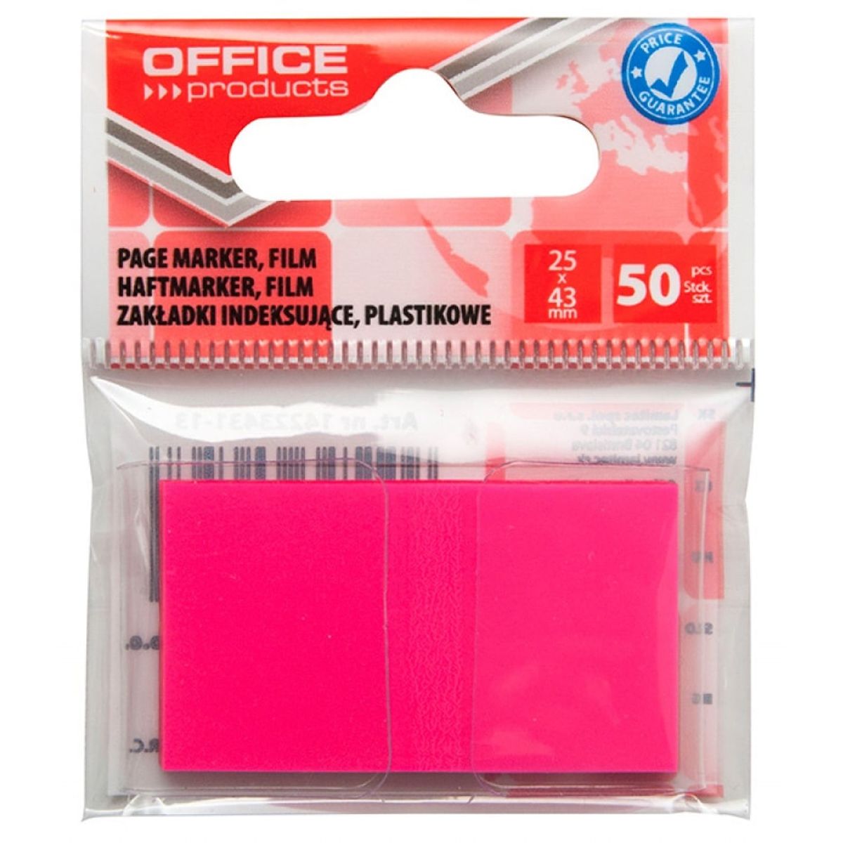 Indeksfaner til arkivering OFFICE PRODUCTS, PP, 25x43 mm, 50 faner, polybag, pink.