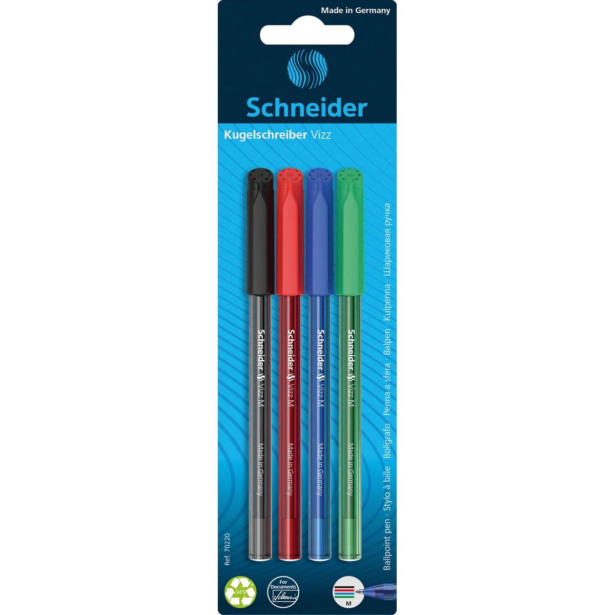 Rollerball pen SCHNEIDER VIZZ, M, 4 stk., blisterpakke, farvemix 10 PA