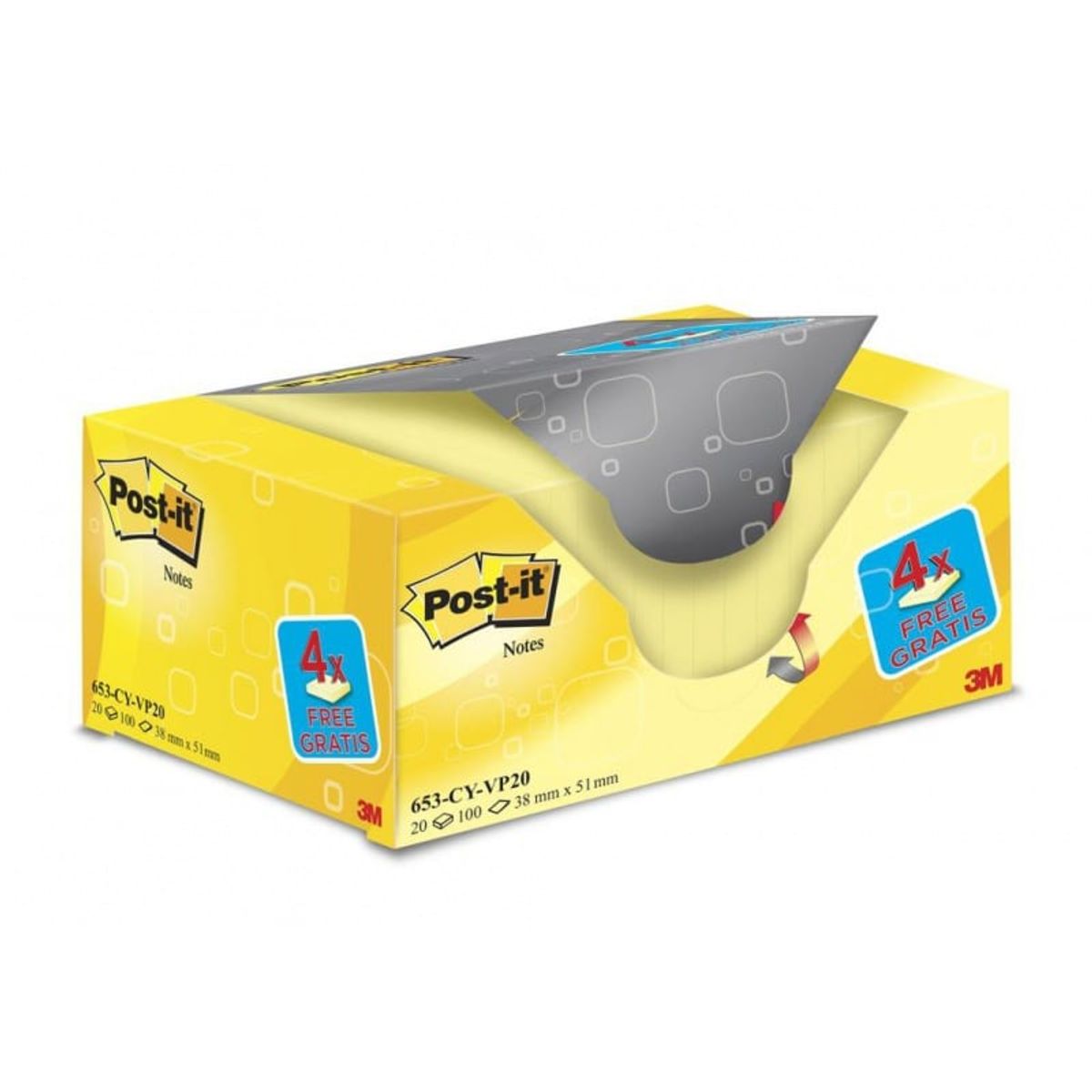 Post-it® Notes Canary Yellow&trade;, 20 blokke (16 + 4 GRATIS), 38 mm x 51 mm