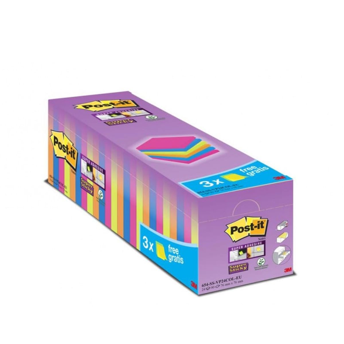 Selvklæbende notesblokke, POST-IT® Super Sticky (654-SS-VP24COL), 76x76mm, 24x90 ark, assorterede farver, 3 blokke GRATIS ved køb af 1 pakke