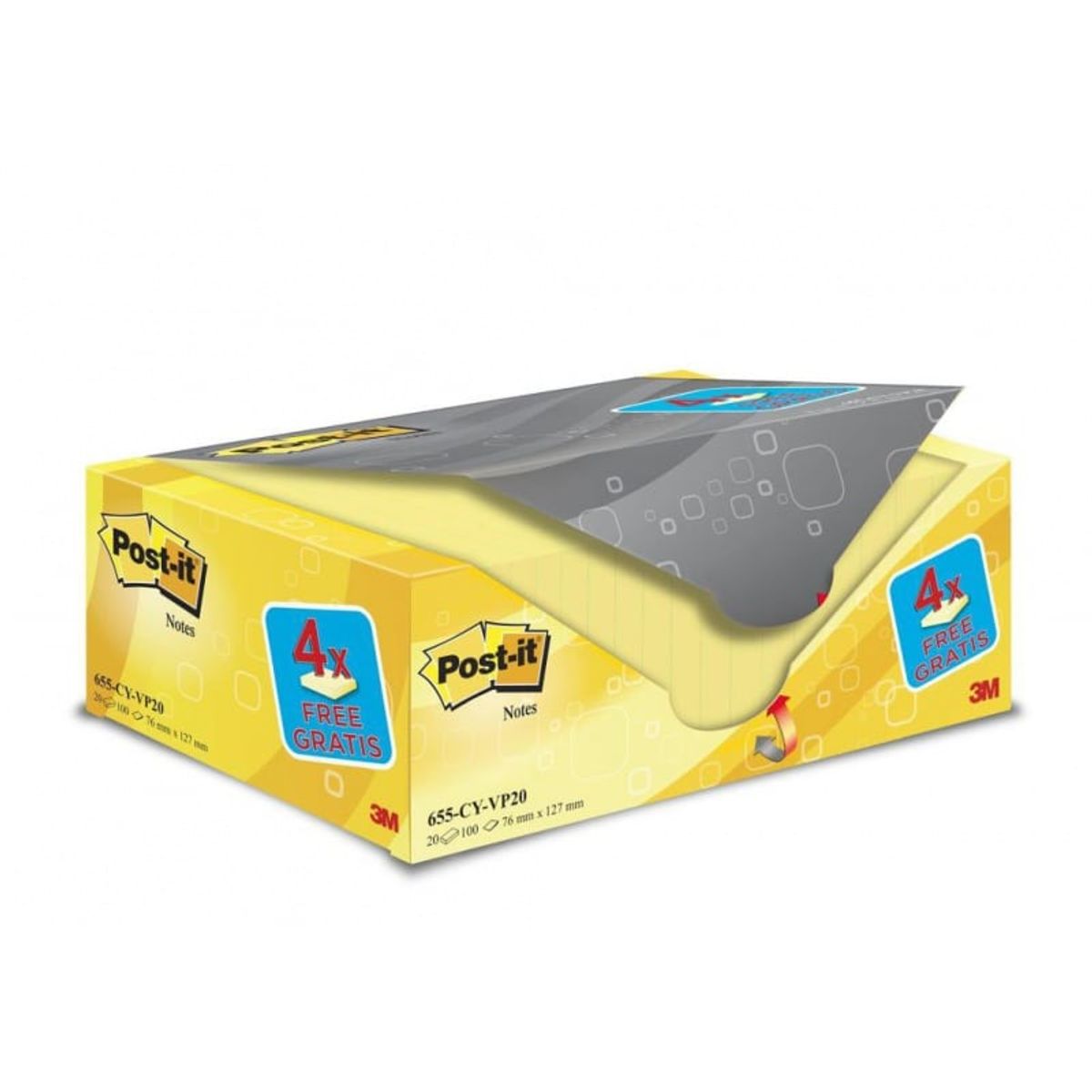 Selvklæbende blokke, sticky notes, POST-IT® 655CY-VP20, 127x76mm, (20+4)x100 ark, gul, 4 blokke GRATIS 1 pakke